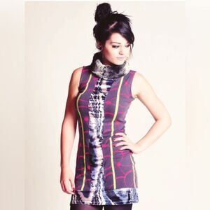 CUSTO BARCELONA Vintage Y2K Graphic Print MINI DRESS with faux fur NWT Sz 1